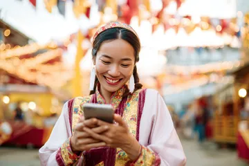 A cheerful woman in traditional clothing using her smartphone during a festive moment, showing how easily the PHBINGO app fits into everyday life.